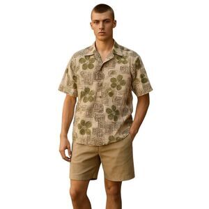 Vintage Men's XL Hawaiian Shirt All Cotton Green White Design Made in Hawaii